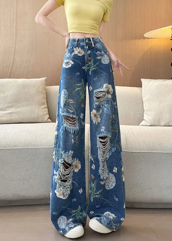 Blue Pockets Print Denim Ripped Pants Fall