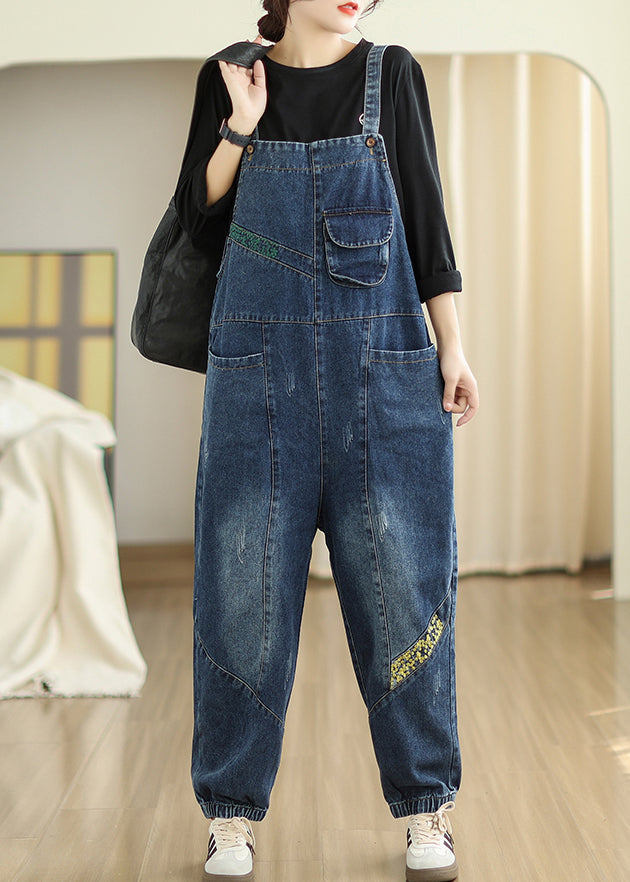 Diy Navy Embroideried Patchwork Denim Jumpsuits Spring