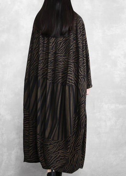 Handmade V Neck Asymmetric Spring Clothes Work Chocolate Striped Robe Dress