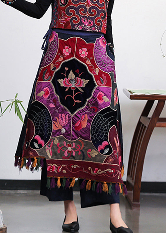 Embroideried Tassel Drawstring Tie Waist Elastic Waist Skirt Summer