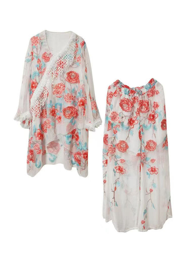 White Tasseled Asymmetrical Design Silk Two Pieces Set Fall