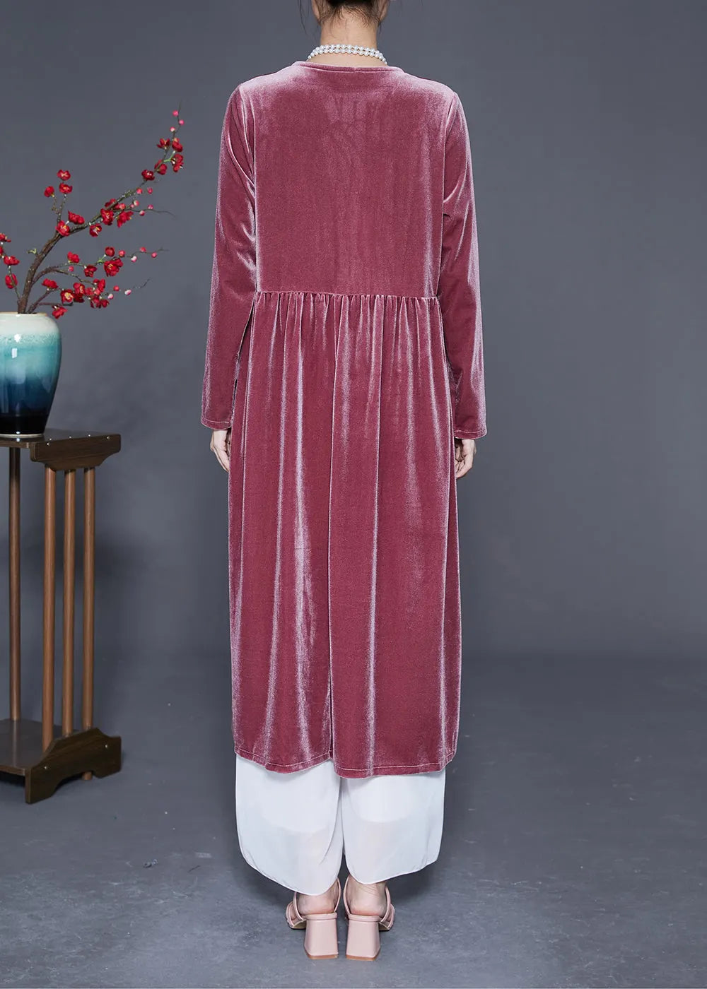Brick Red V Neck Patchwork Silk Velour Maxi Dresses Spring