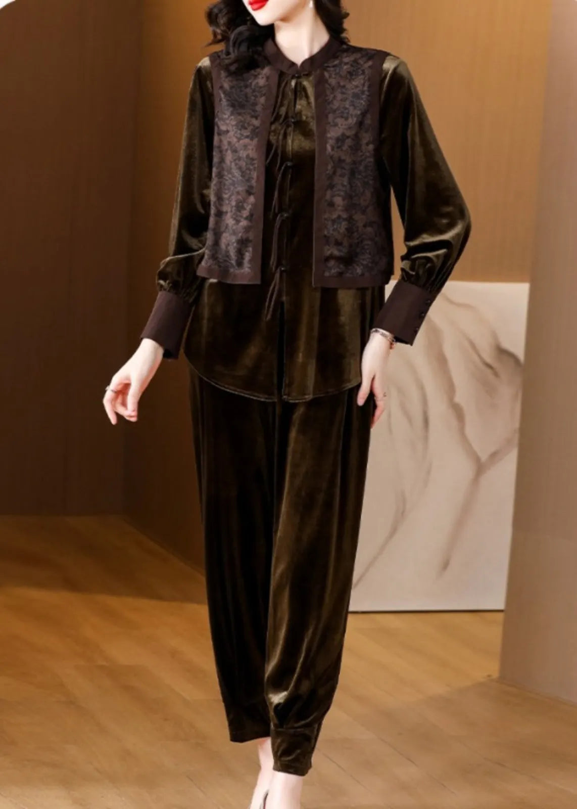 Brown Patchwork Button Silk Velour Top and Harem Pants Two Pieces Set Long Sleeve
