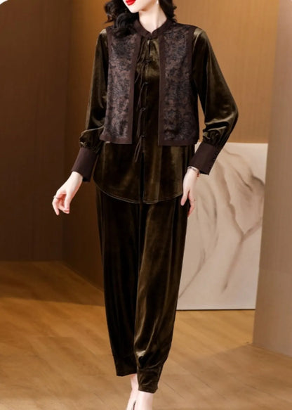 Brown Patchwork Button Silk Velour Top and Harem Pants Two Pieces Set Long Sleeve