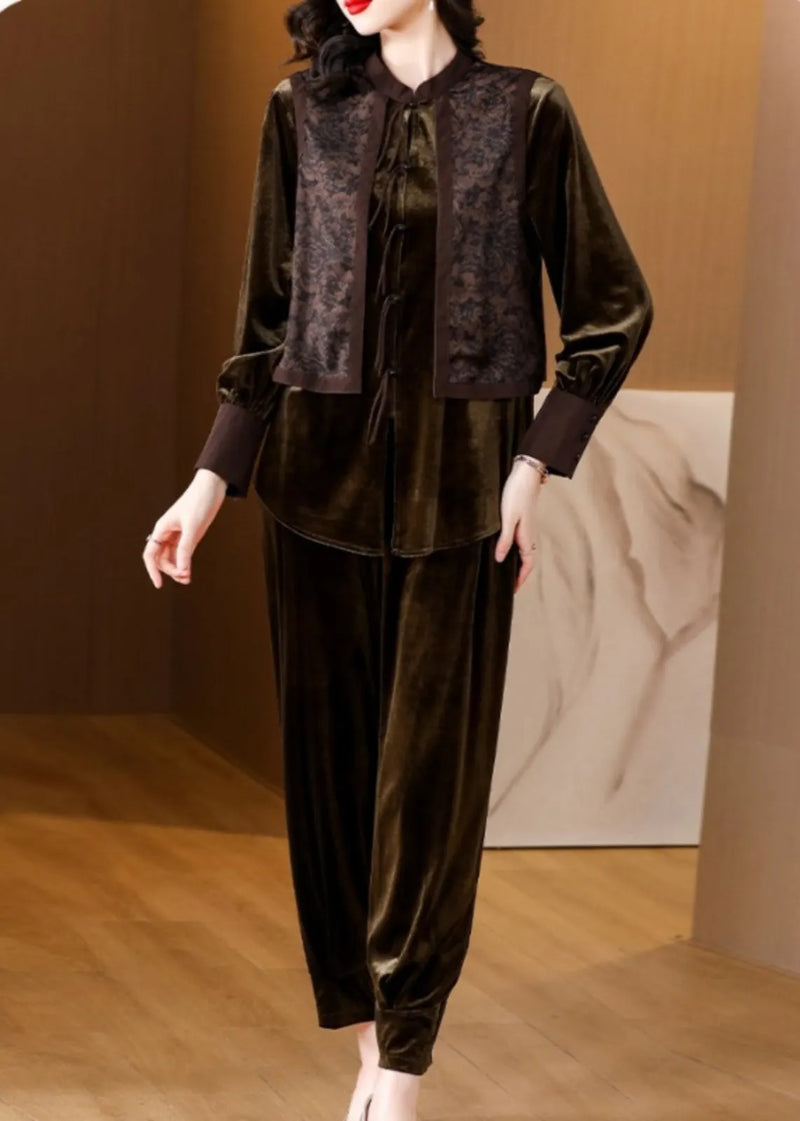 Brown Patchwork Button Silk Velour Top and Harem Pants Two Pieces Set Long Sleeve