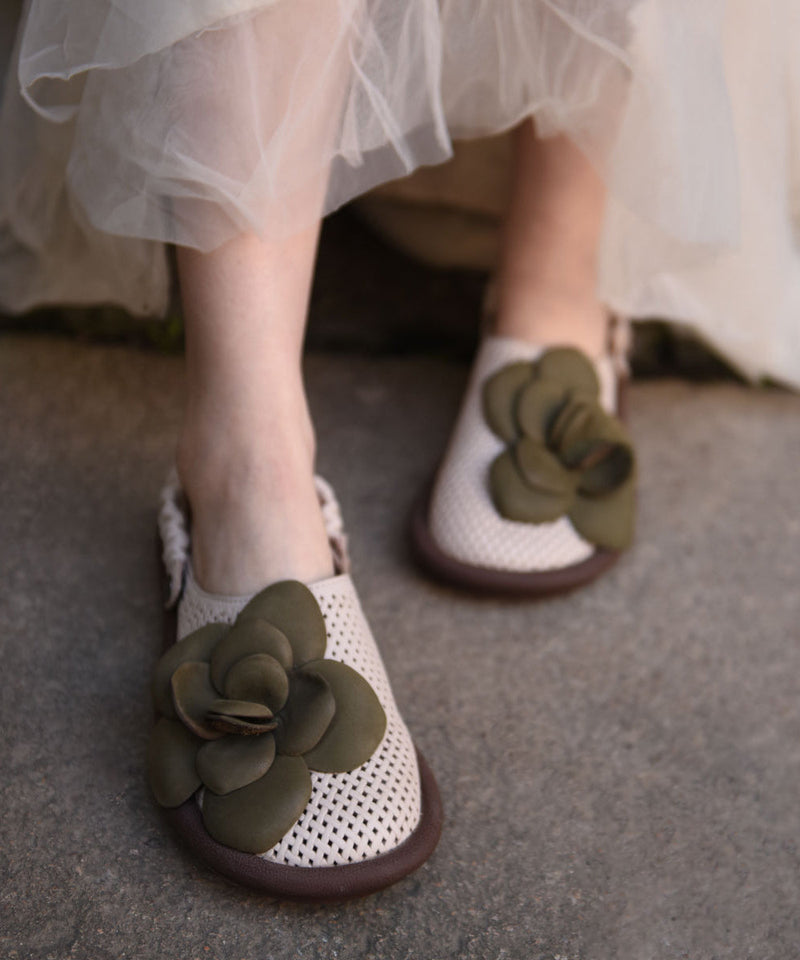 Green Cowhide Leather Comfy Flat Sandals Hollow Out