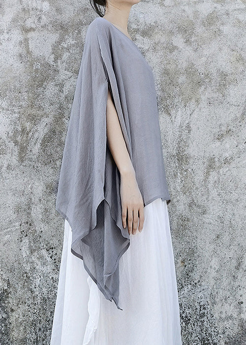 Simple Grey Asymmetrical Design Linen Tops Batwing Sleeve
