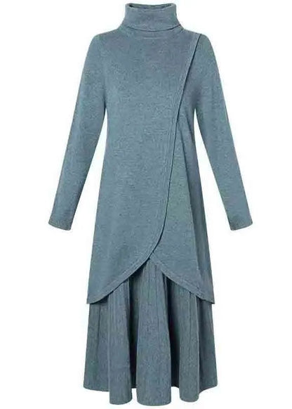 New Blue Turtleneck Tops and Skirts Wool Knit Two-piece Set Winter
