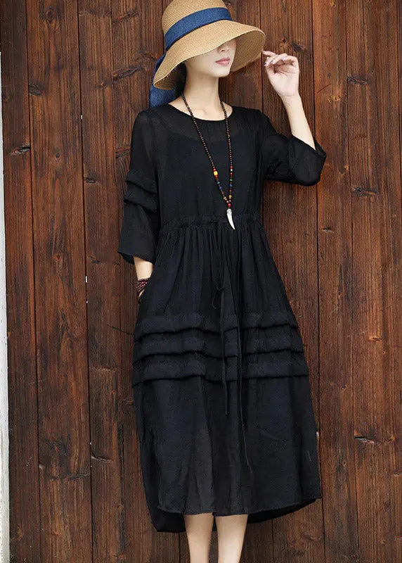 Black O-neck Drawstring Cotton Long Dress Two Pieces Set Summer