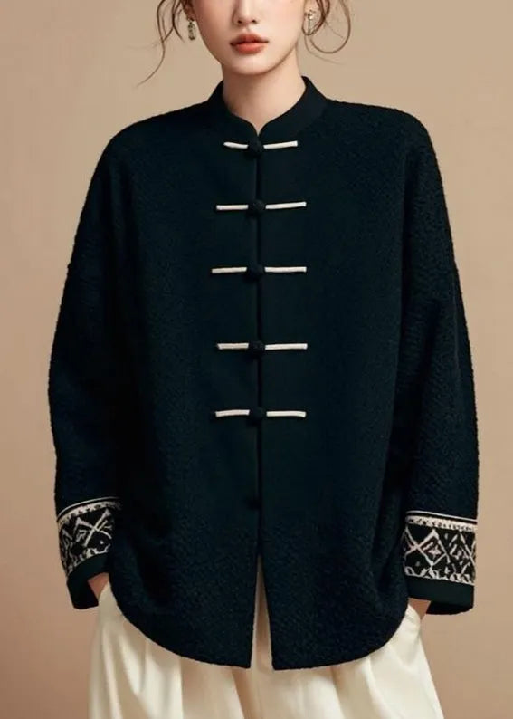 Loose Black Stand Collar Button Cotton Fall Coat