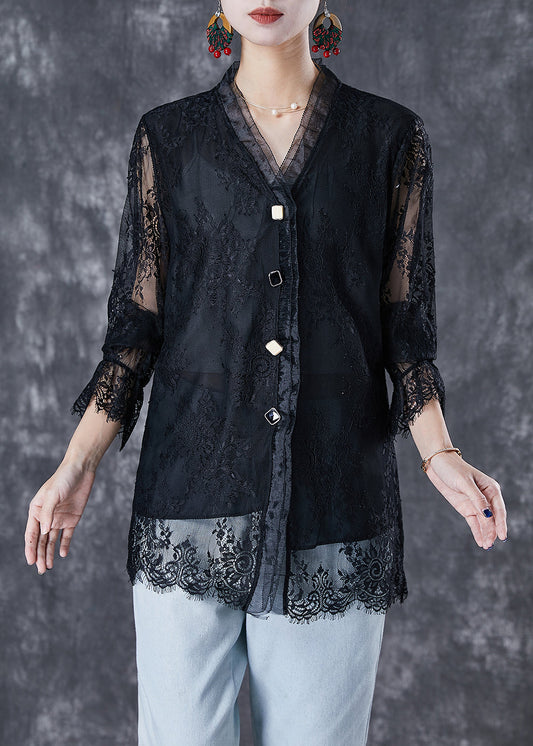 Black V Neck Patchwork Lace Shirt Fall
