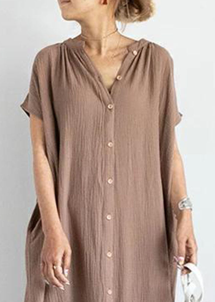 Khaki V Neck Patchwork Cotton Ankle Dresses Summer