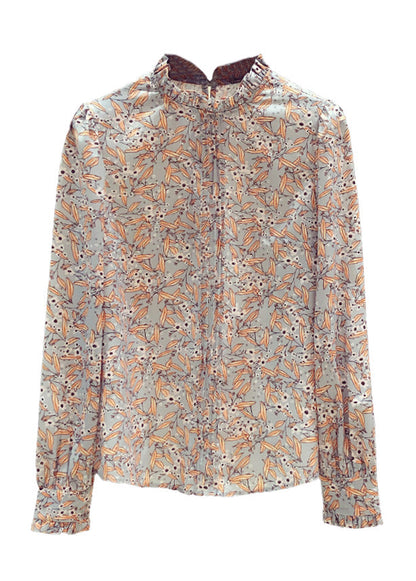 Stand Collarc Ruffled Print Chiffon Shirts Spring