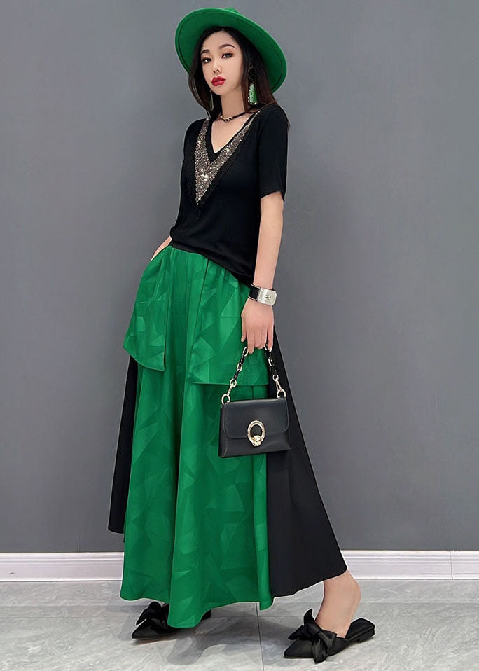 Green V Neck Patchwork Big Pockets Cotton Two Piece Suit Set Summer