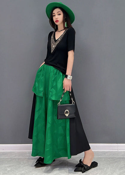 Green V Neck Patchwork Big Pockets Cotton Two Piece Suit Set Summer