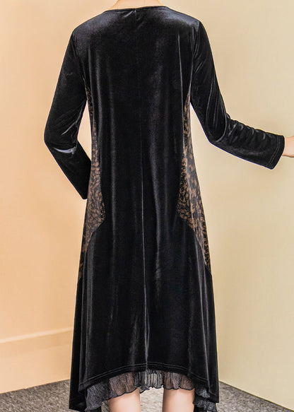 Black V Neck Ruffled Zircon Patchwork Velour Dress Fall