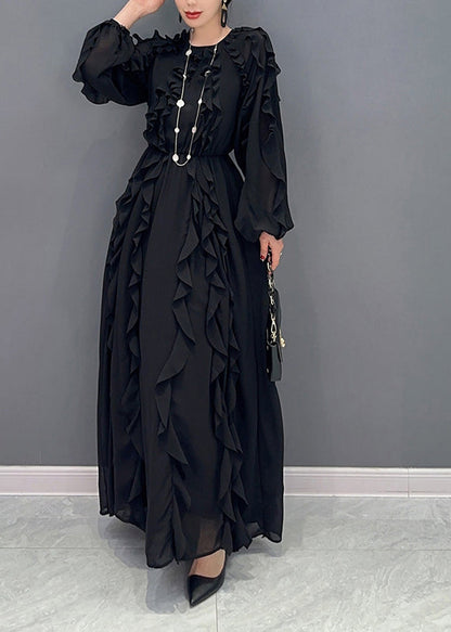 Black Ruffles Cinched Chiffon Maxi Dresses Spring