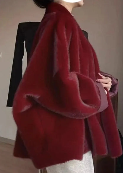 Red Warm Leather and Fur Coats V Neck Winter
