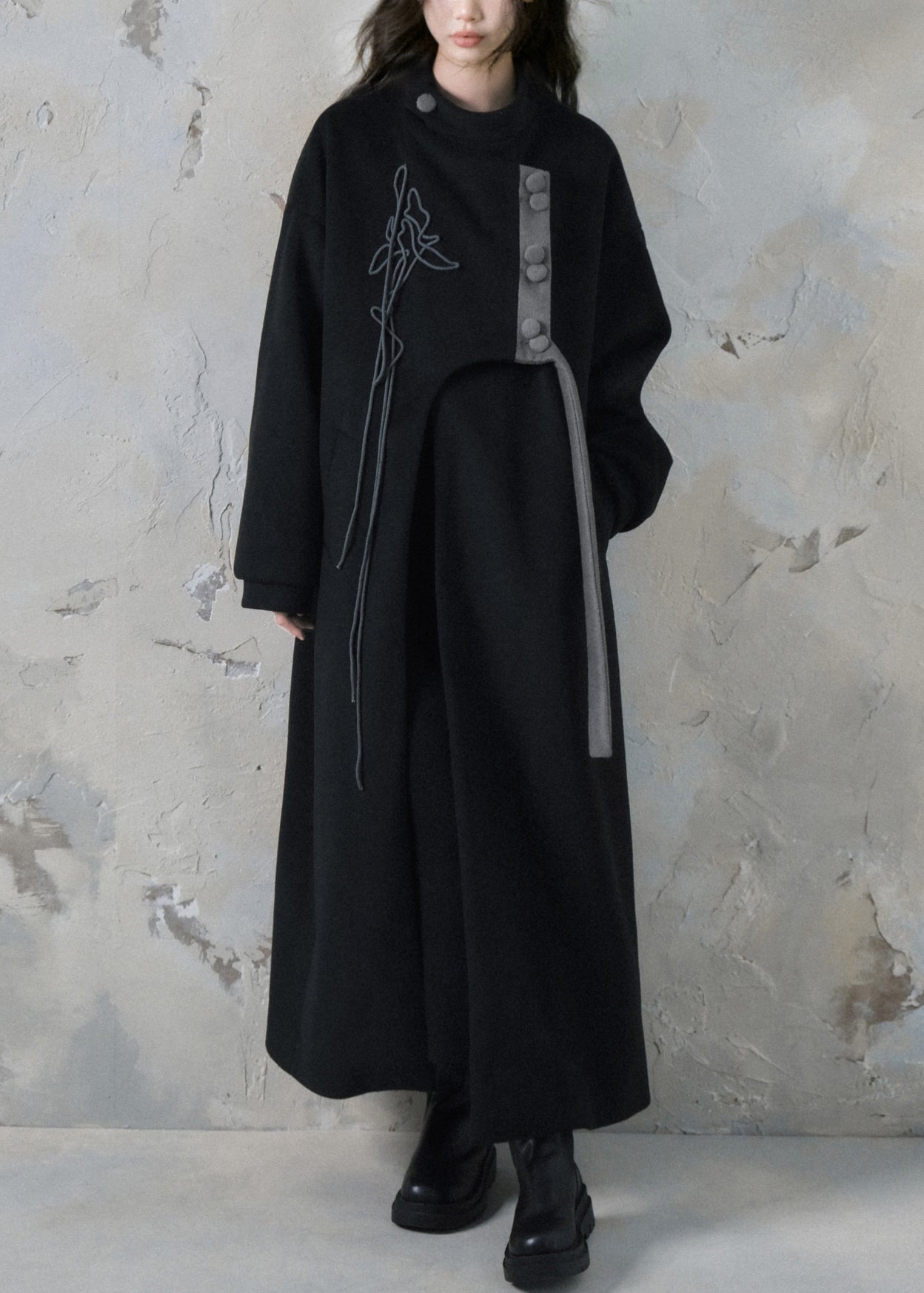 Loose Black Asymmetrical Button Pockets Long Trench Coats Spring