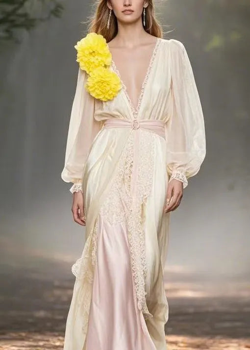 Classy V Neck Lace Patchwork Chiffon Dresses Spring