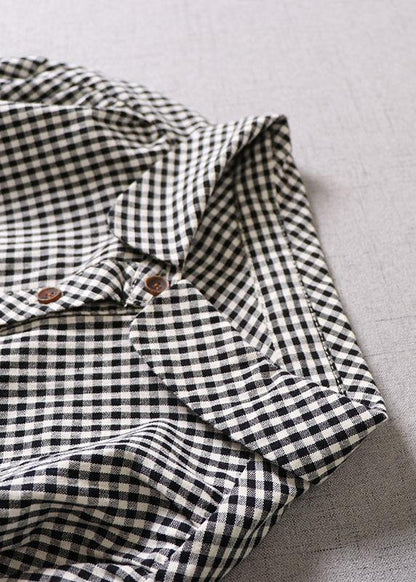 Black White Plaid Pockets Button Tie Waist Fall Patchwork Dress Long Sleeve