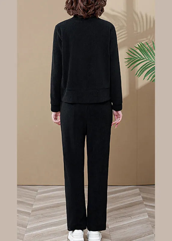 Black Zip Up Coats and Wide Leg Pants Two Piece Set Long Sleeve