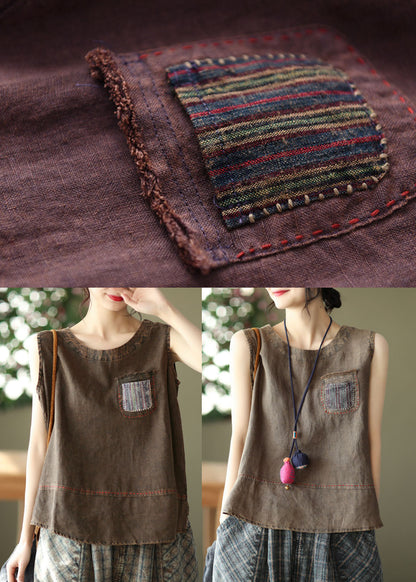 Brown Pocket Patchwork Linen Tanks O-neck Sleeveless