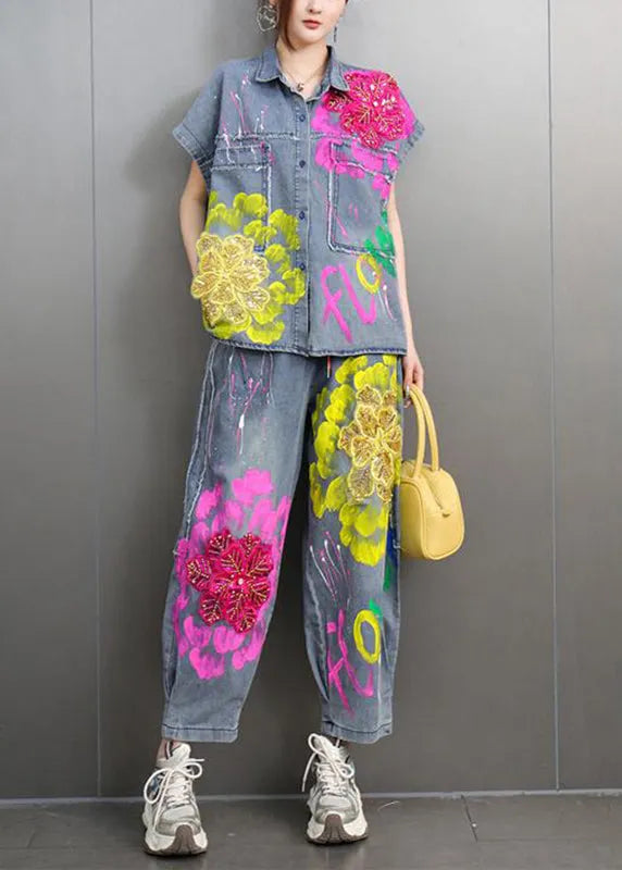 Unique Peter Pan Collar Denim Shirts and Crop Pants Two-piece Set Short Sleeve