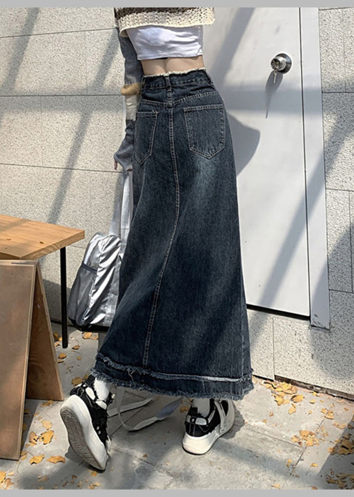 Blue Patchwork Button Denim a Line Skirts