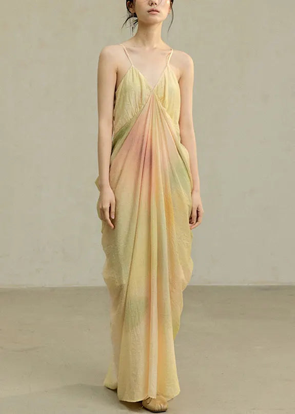 Novelty Yellow Tie Dye Wrinkled Cotton Spaghetti Strap Dress Sleeveless