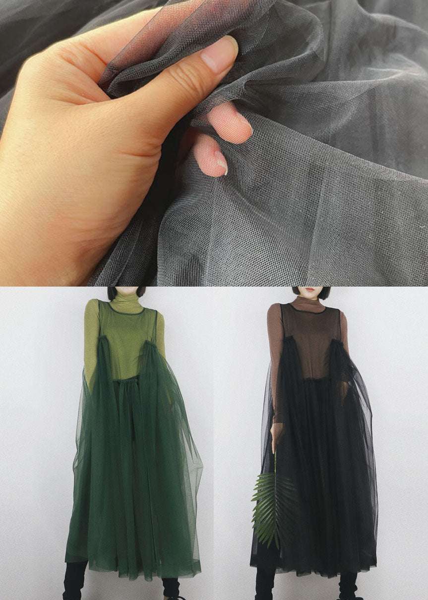 Blackish Green Tulle Long Dress Asymmetrical Exra Large Hem Sleeveless Spring