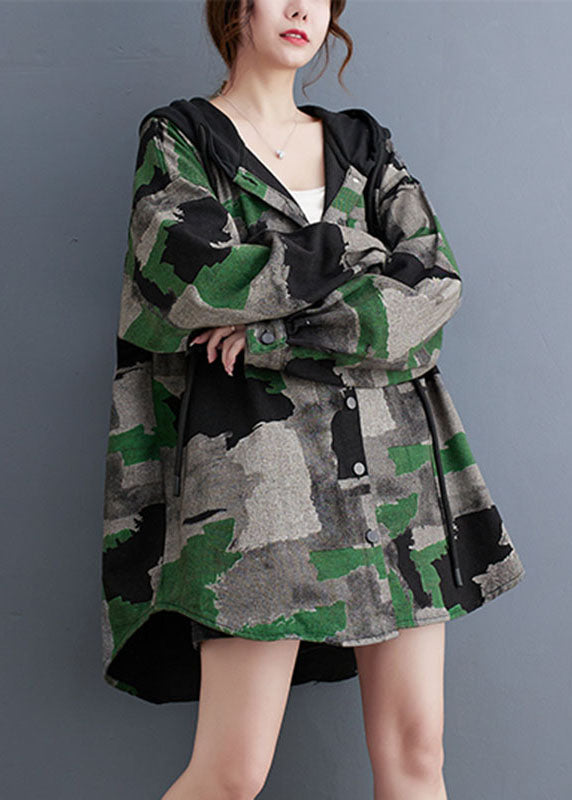 Camouflage Print Wrinkled Hooded Coats Long Sleeve