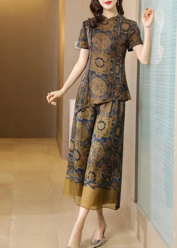 Khaki Asymmetrical Design Print Silk Two Pieces Set Summer