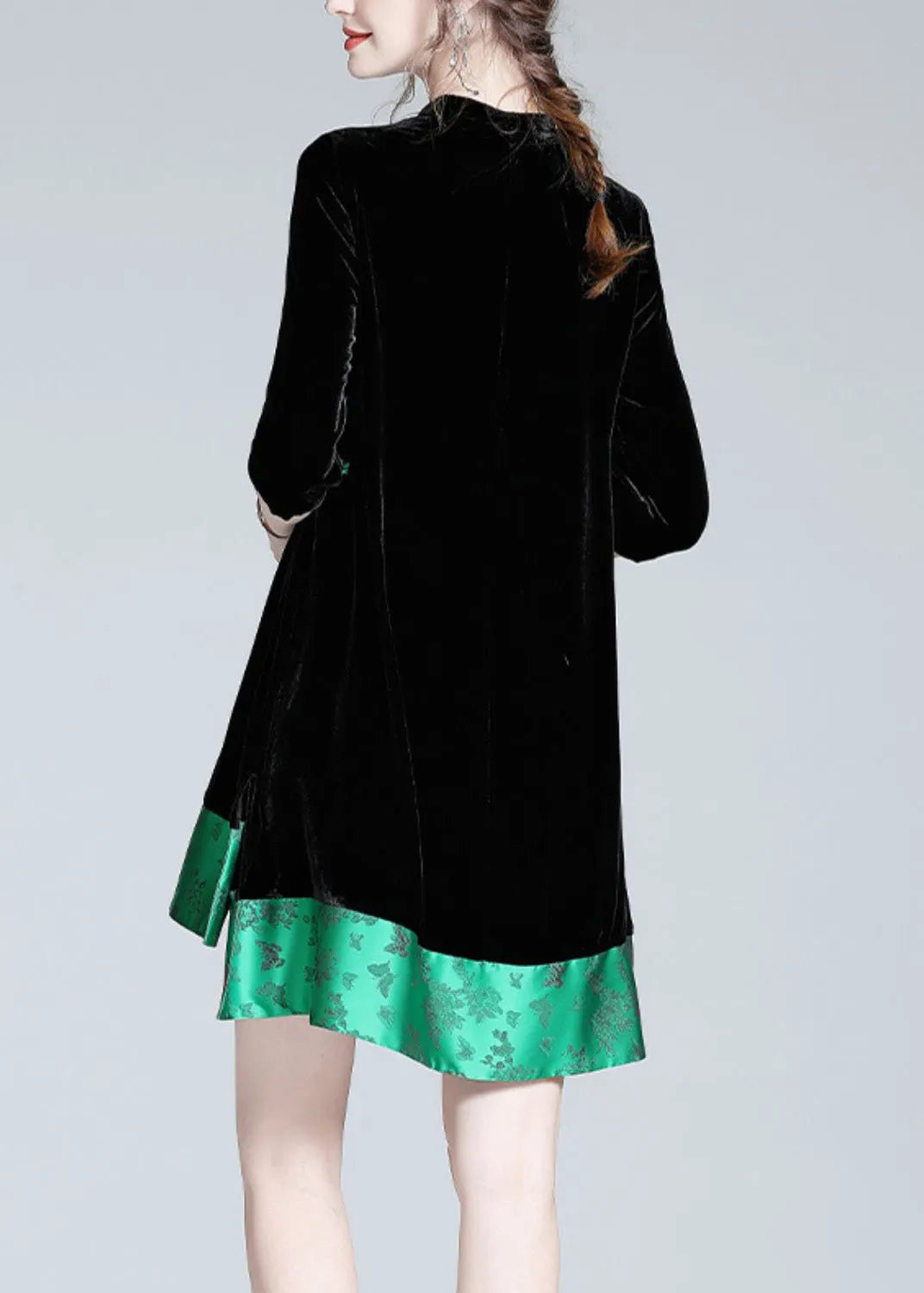 Black Stand Collar Print Low High Design Silk Velour Maxi Dresses Long Sleeve