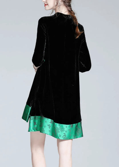 Black Stand Collar Print Low High Design Silk Velour Maxi Dresses Long Sleeve