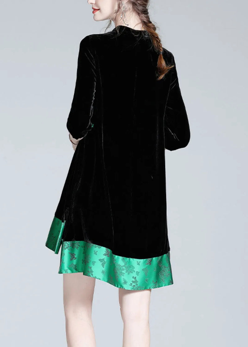Black Stand Collar Print Low High Design Silk Velour Maxi Dresses Long Sleeve