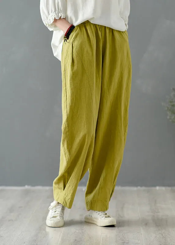 Yellow Pockets Elastic Waist Linen Pants Spring