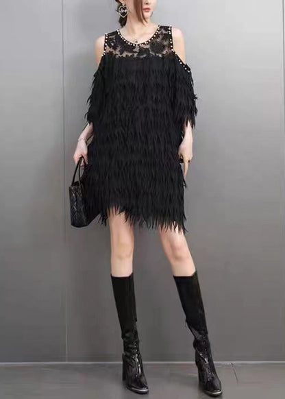 Black Cold Shoulder Nail Bead Tassel Mid Dresses Short Sleeve