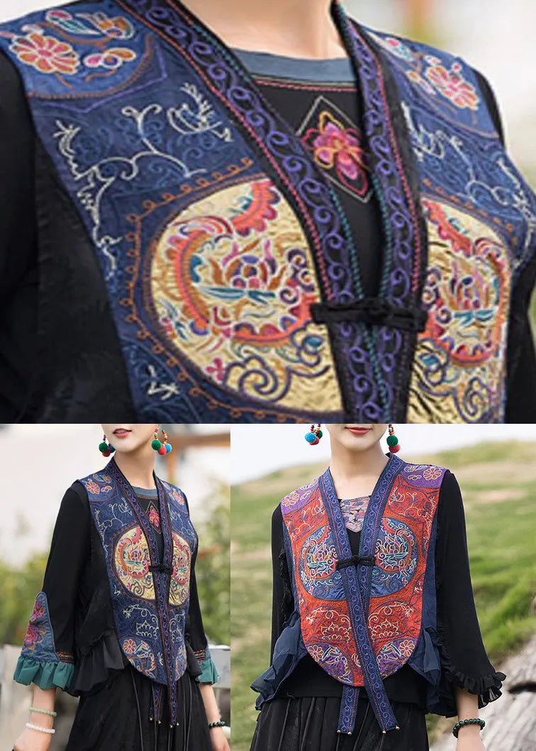 Retro Blue V Neck Embroideried Waistcoat Sleeveless
