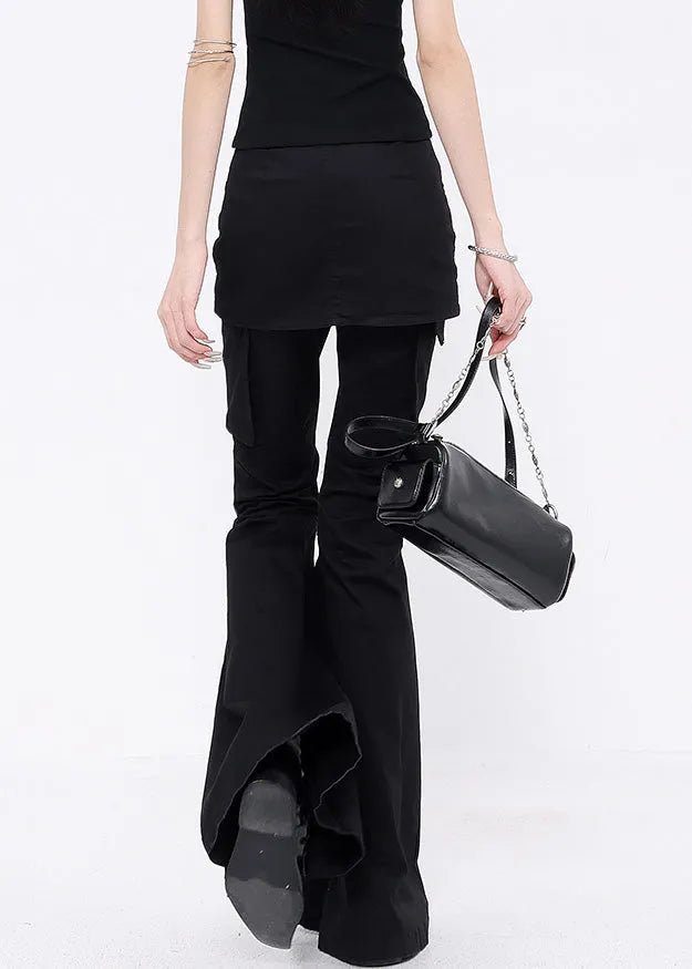 Black False Two Pieces Patchwork Denim Flared Trousers Fall
