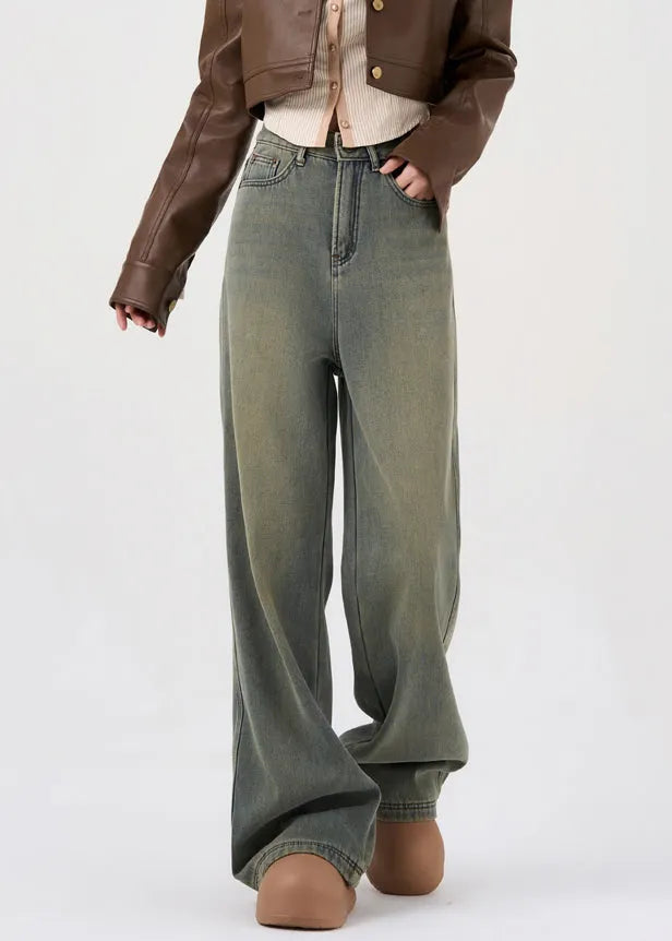 French Nostalgic Blue Pockets High Waist Warm Fleece Denim Pants Spring