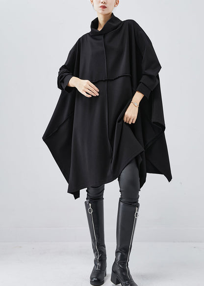 Black Turtle Neck Asymmetrical Exra Large Hem Cotton Dress Spring