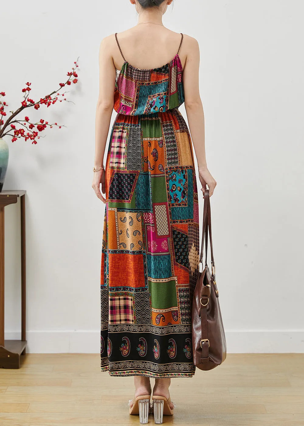 Colorblock Cinched Print Cotton Spaghetti Strap Dress Dress Summer