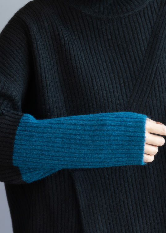 Black Turtle Neck Patchwork Knit Sweaters Spring