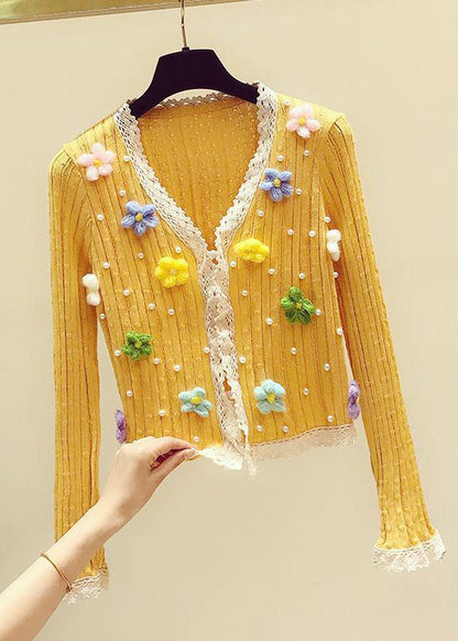 Art Yellow V Neck Lace Patchwork Nail Bead Knit Sweater Fall