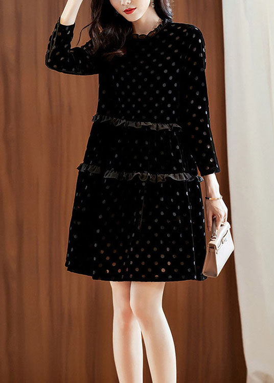 Black Dot Print Patchwork Velour Dress Spring