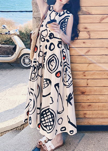 O Neck Graffiti Print Cotton Long Dress Sleeveless