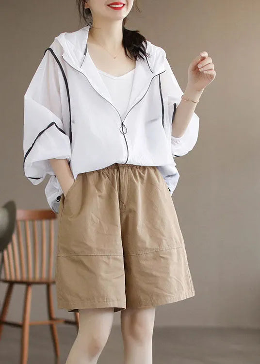 Style White Hooded Zippered Cotton Upf 50+ Coat Jacket Long Sleeve