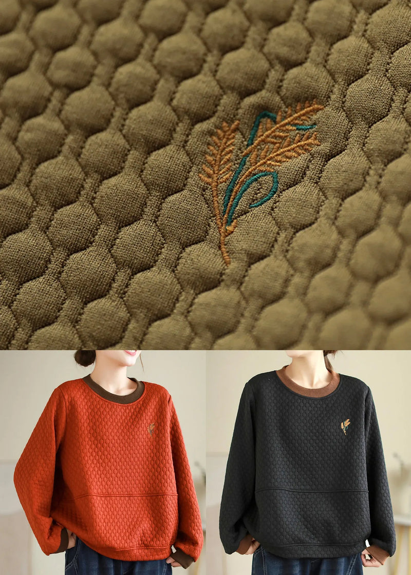 Orange O Neck Embroideried Patchwork Thick Cotton Tops Fall