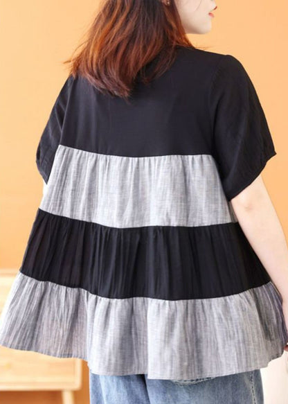 Handmade Black O-neck Wrinkled Patchwork Top Short Sleeve